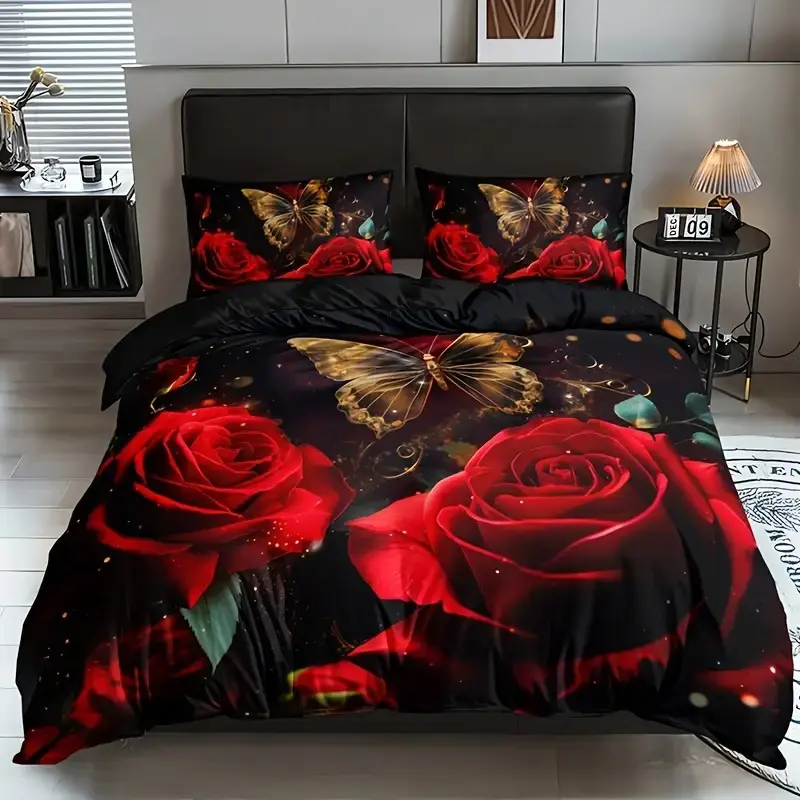 Romantic Rose Print Bedding Set, 100% Polyester Soft Breathable Fabric, All Seasons, 1 Fitted Sheet + 2 Pillowcases, Decorative Bedding Set, Bedroom Bedding Set, Soft Bedding Sets