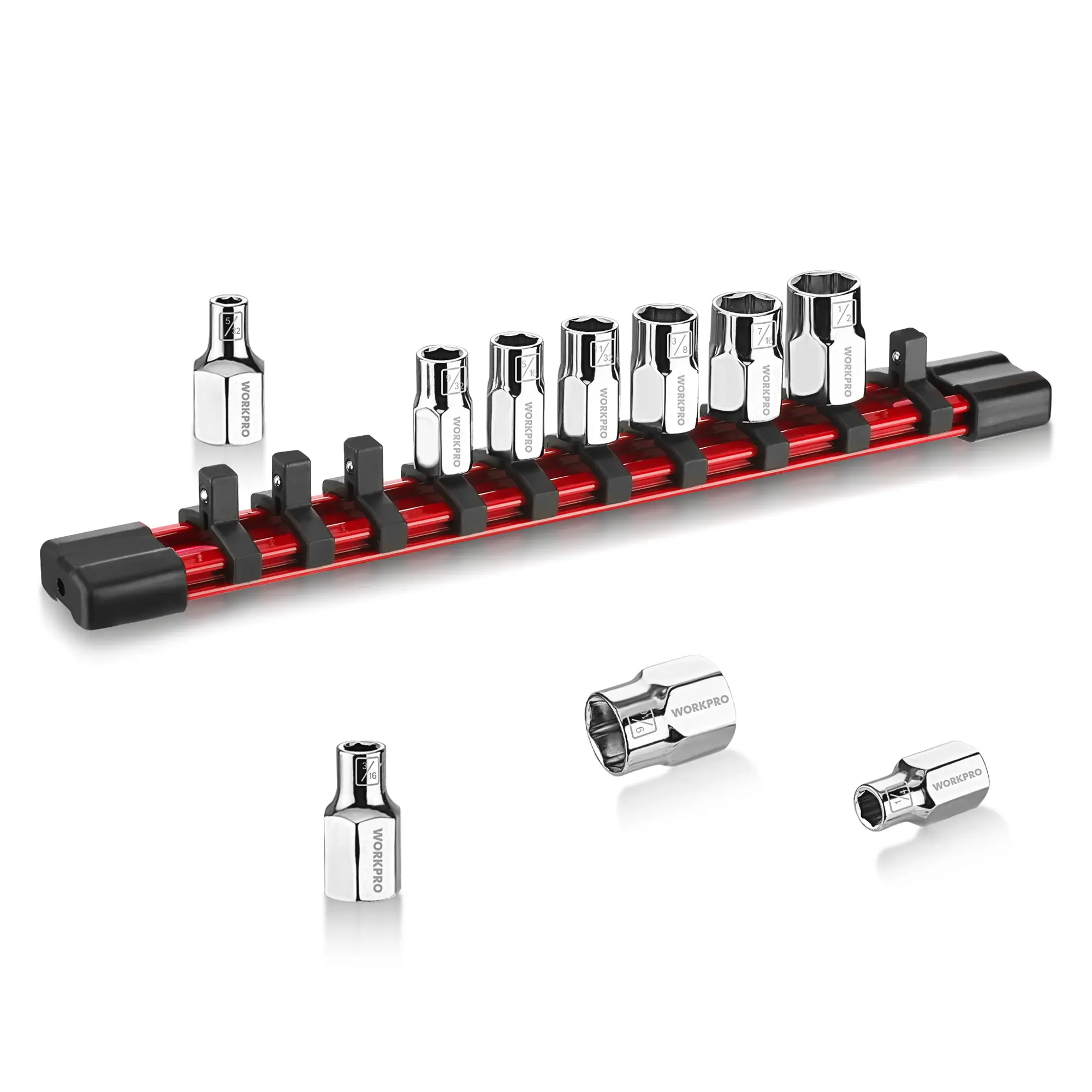 #toolupgrade WORKPRO Socket Set, 10-Pack CR-V Socket Set with Sturdy Socket Organizer, 6-Point Standard & Shallow Sockets, External Hex Socket Set with Socket Rail for Anti Rolling
