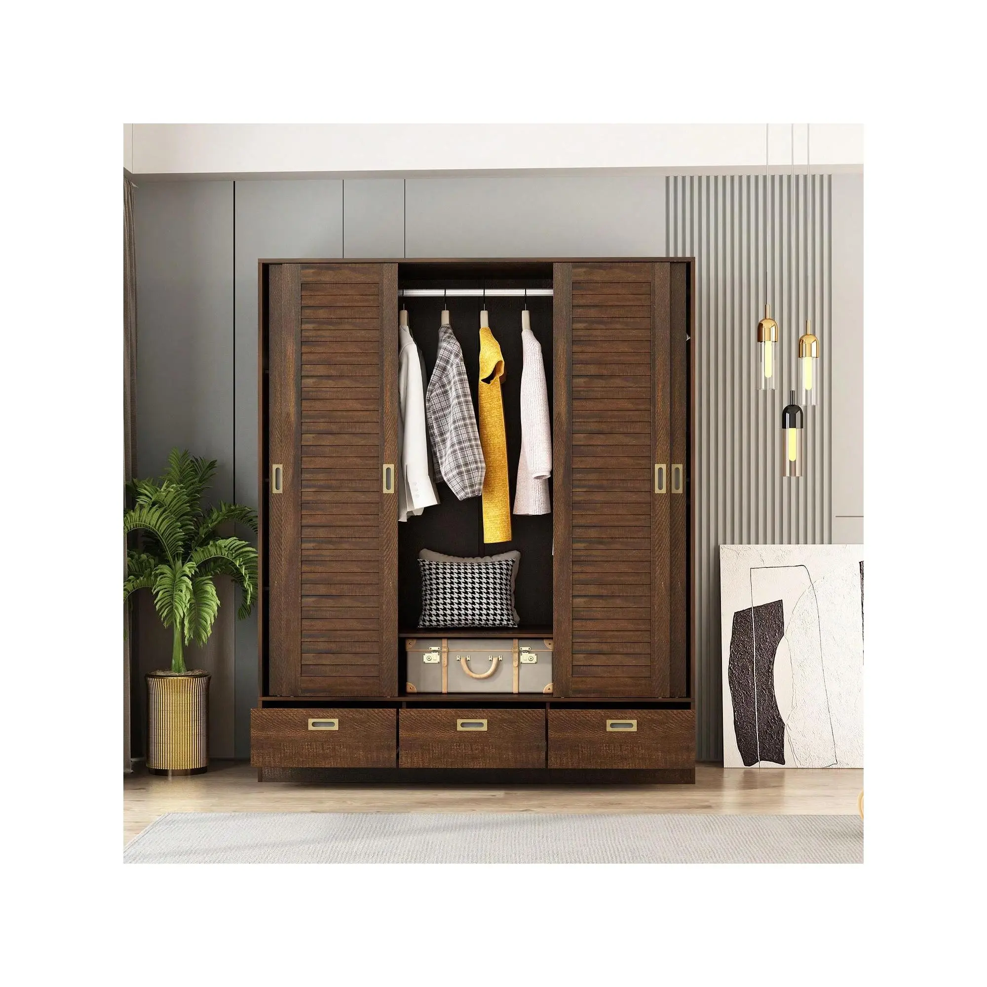 Large Wardrobe Armoire with 4 Sliding Doors, 3 Drawers, Storage Shelves, Wooden Closet Storage Cabinet for Bedroom, Brown (59.1”W x 20.9”D x 70.9”H)