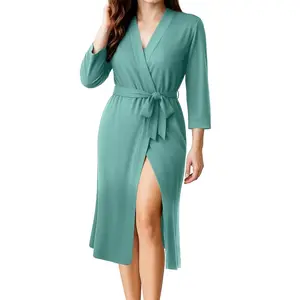 NY Threads Women's Robe Long Knit Bathrobe 3/4 Sleeves Soft Kimono Lightweight Loungewear