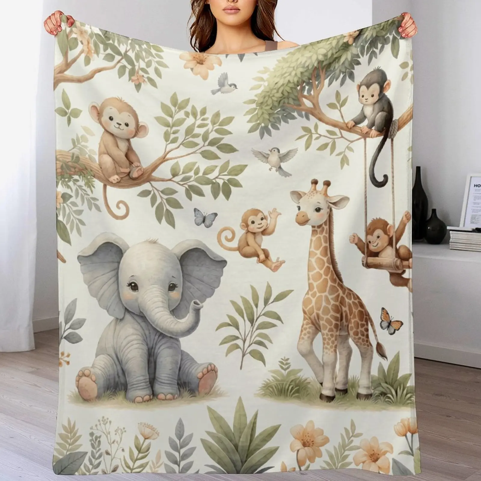 Soft Neutral Polyester Watercolor Animal Print Safari Blanket - Machine-Washable All-Seasons Nursery Crib Throw for Infant, Featuring Elephant, Giraffe & Monkey Designs
