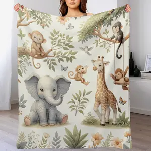Watercolor Safari Baby Blanket, Elephant Giraffe & Monkey Nursery Throw, Soft Neutral Crib Blanket for Newborn Boys & Girls
