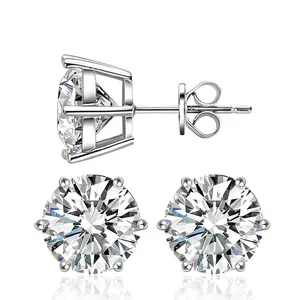 S925 Six Prong Solitaire Earrings Round VVS Synthetic Moissanite Stud Earring Daily Costume Jewelry Accessories Perfect Birthday Wedding Anniversary Festive Gifts for Women Wedding Set