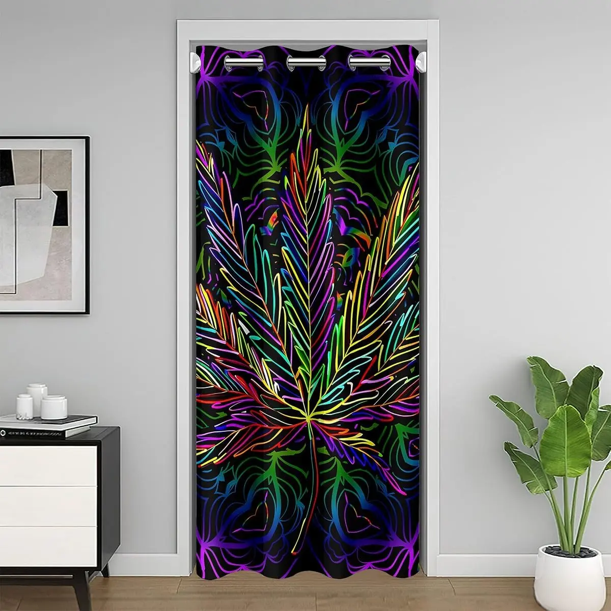 Feelyou Trippy Cannabis Print Privacy Grommet Door Curtain - Single Panel Modern Thermal Blocker, 30%-50% Blackout Room Divider Wall Cover, Thermal Insulated Household Textile for Window & Room Decor, Privacy Grommet Curtains, Room Decor Curtain