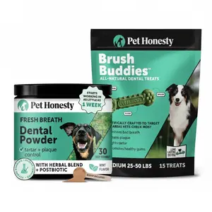 Pet Honesty Daily Dental Duo - Fresh Breath Dental Powder & Brush Buddies (M) - Supports Oral Health, Fights Plaque & Tartar, Vet Approved - Natural Mint Flavor - For Dogs 25-50 lbs