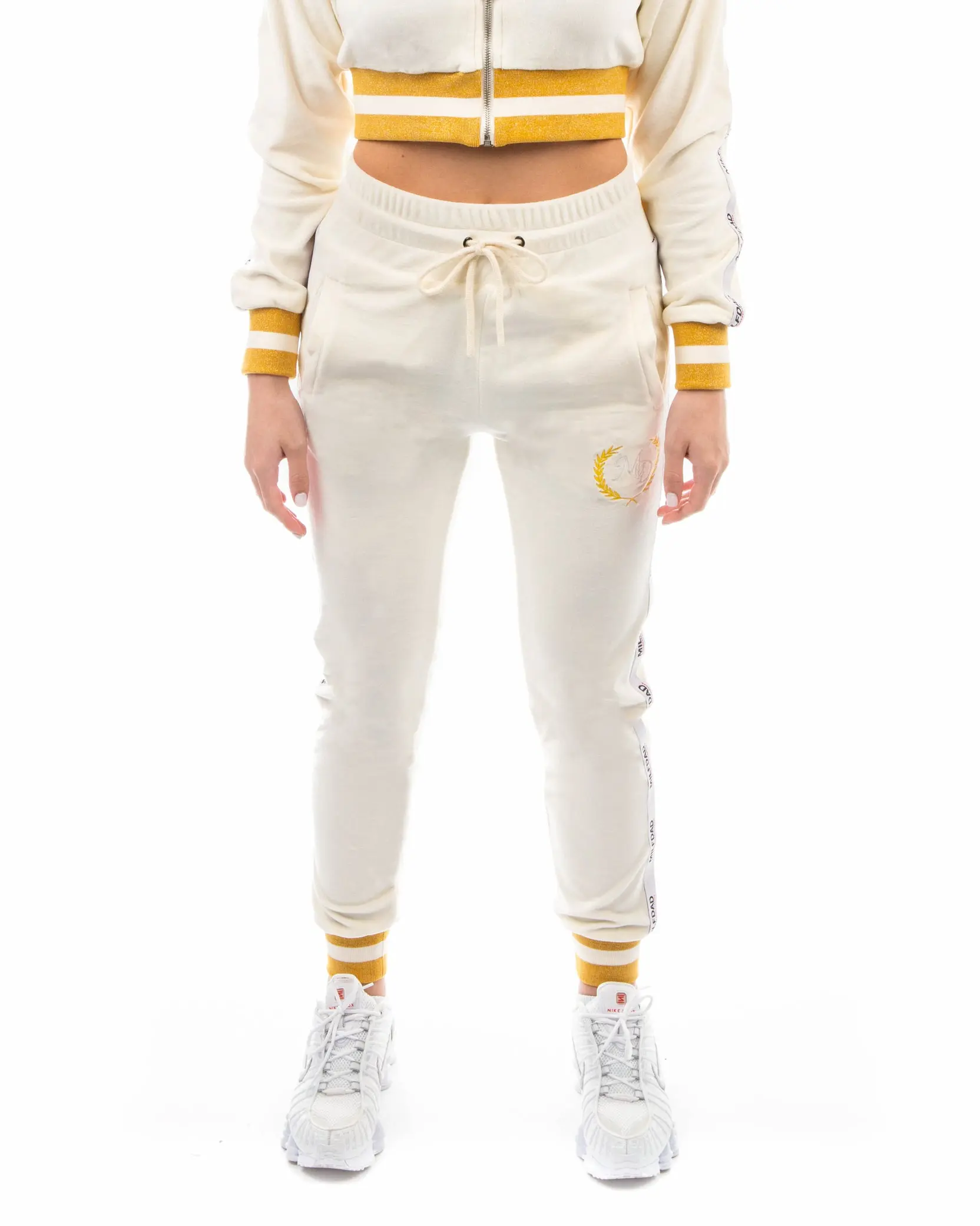 Stretch Cream/Gold Velour Trouser with Logo Tape and Pink Contrast Ribbed Cuffs