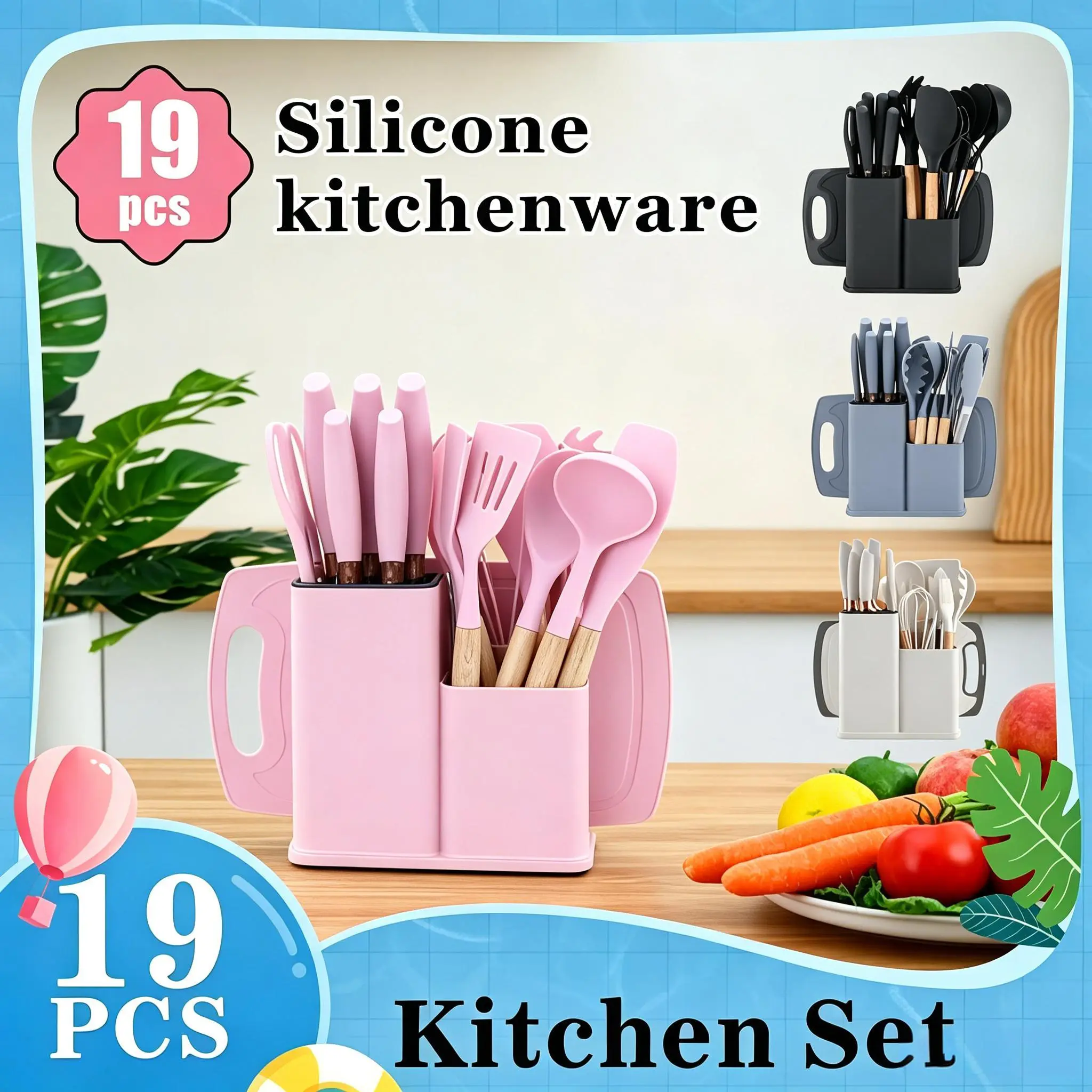19-Piece Stainless Steel Kitchen Cutlery & Utensil Set - Blush Pink & White Wooden Handles, Non-Stick Pots, Pans, Silicone Utensils, Spatula, Heat-Resistant Ladle, Organiser, Cutting Board, Kitchen Supplies, Ideal for Gifting Occasions