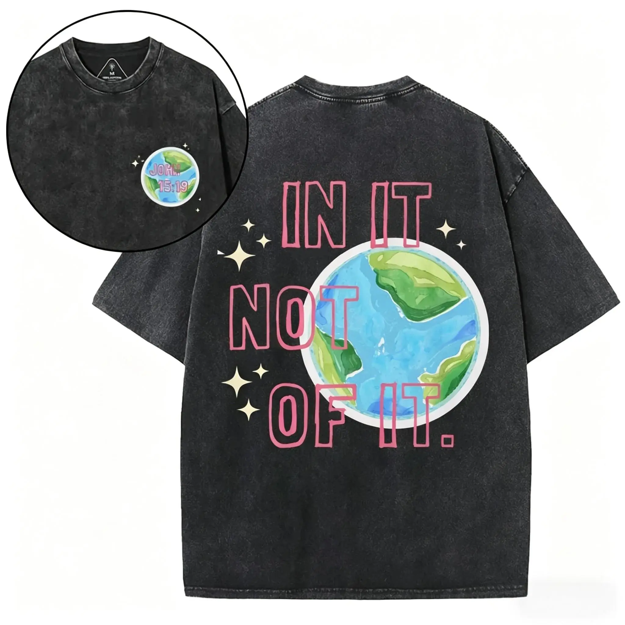 Retro Faded Double-Sided "In It Not Of It" Watercolor Earth Graphic T-Shirt | Heavyweight Cotton Oversized Y2K Coquette Aesthetic Christian Streetwear Unisex Tee