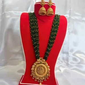 Mixed Hydro Potey Necklace in Brass Pendant & Matching Pinjada Earrings for Women Traditional Jewelry Set