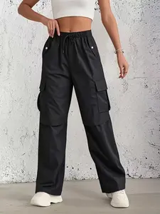 Women's Y2K High-Waist Cargo Pants, Multi-Pocket Drawstring Long Pants, Casual Loose-Fit Outdoor Hiking Wear, All-Season Comfort