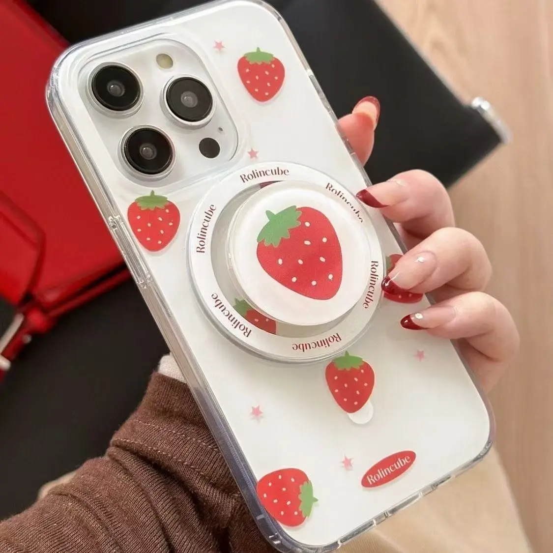 Magnetic shell strawberry sweet English phone protective cover with magnetic strawberry holder for iPhone 11 12 13 14 15 16 promax