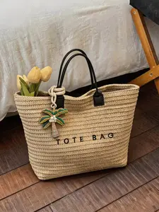 Women's New Large Capacity Letter Design Straw Tote Bag, Handheld Shoulder Bag for Daily Use, Beach Vacation, Outdoor Activities, Casual Tote Bag