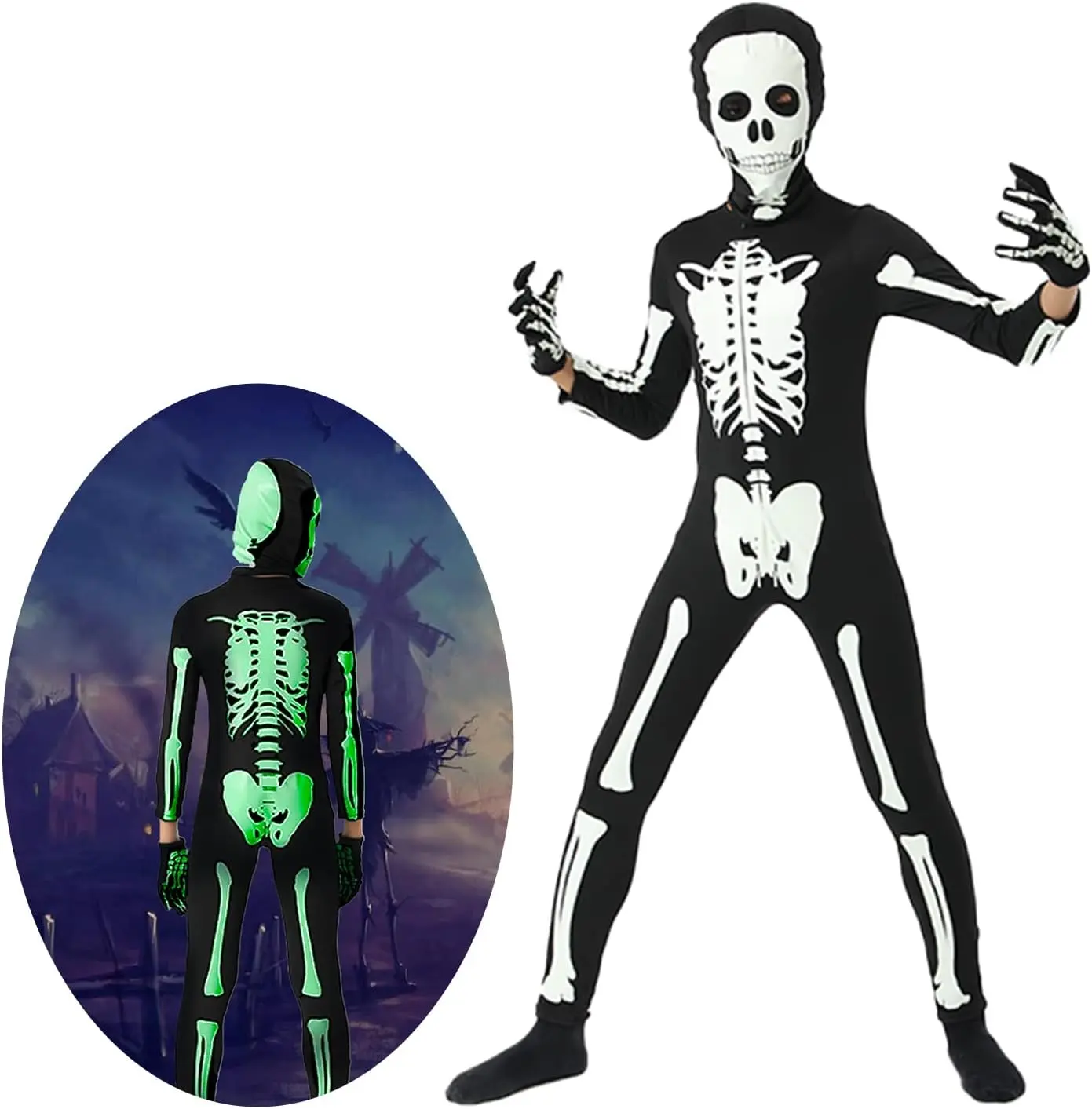 Kids' Unisex Glow-in-Dark Skeleton Bodysuit Jumpsuit - Halloween Costume Outfit for Ghost Cosplay