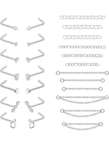 26Pcs 20G Nose Stud Nose Chain Nose Piercing Steel Nose Rings with Nose Chain for Double Nose Piercings CZ Nose Studs Gold Silver Nose Piercing Jewelry for Women Men