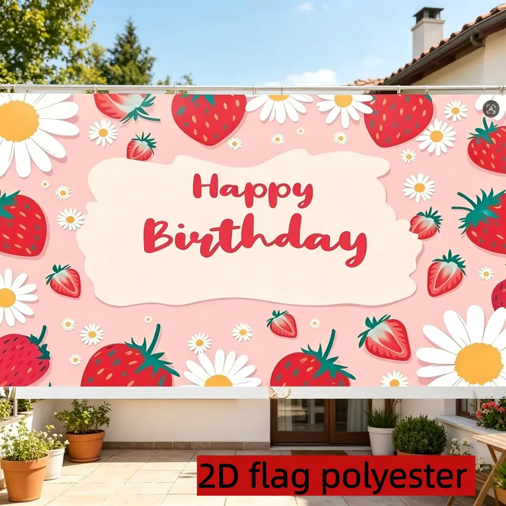 2D Flat 1PC Polyester Strawberry Daisy Happy Birthday Backdrop Sweet Pink Decor for Indoor & Outdoor Birthday Party, Sweet Gathering, Photo Booth, Wall Decor, Home Decoration, Event Background, Available in Multiple Sizes