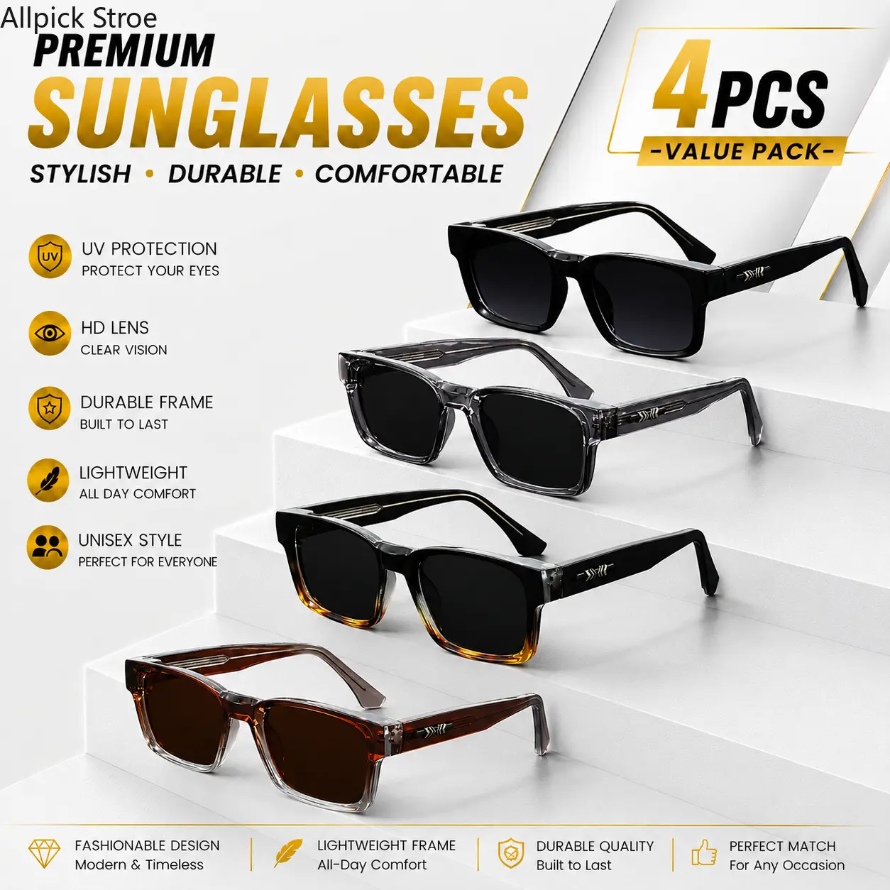 Men's 4-Pack Retro Square Sunglasses & Blue Light Glasses Bundle, 4pcs-black + black + gray + gray, Lightweight TR90 Plastic Frame, Japanese-Style Design for Daily Office Use