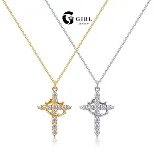 GGIRL 18K Gold Plated Crown and Cross Necklace Features a rotating crown paired with a cubic zirconia cross A versatile hip-hop design suitable for both men and women