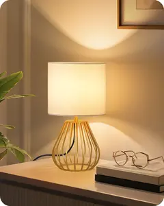 Gold Table Lamp, Small Gold Bedside Lamp with Metal Base & White Linen Lampshade, Modern Nightstand Lamp, Little Cute Desk Lamp for Bedroom, Living Room, 2700K LED Bulb Included