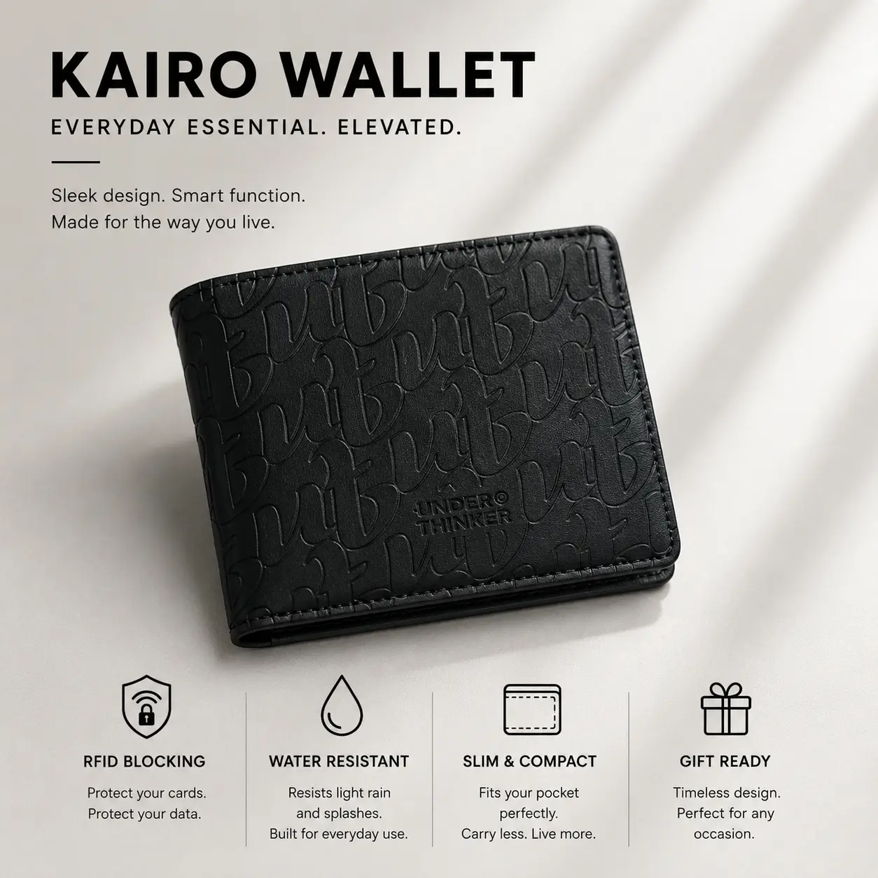 UNDER THINKER Kairo RFID Wallet for Men, Slim Bifold Faux Leather Wallet with Embossed Pattern Design, 8 Card Slots, 2 Hidden Slots, ID Window, Cash Compartment, Gift Box SIMP