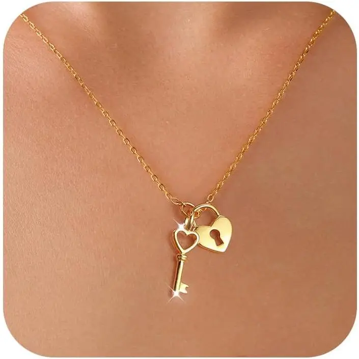 Charm Necklace for Women,925 Sterling Silver Dainty Heart Lock Key Pendant Necklace to Daughter Mother 14k Gold Plated Cute Padlock Choker Chain Necklace for Wedding Birthday Valentine's Day  Valentine's Day gift