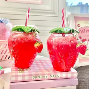 Cute Transparent Strawberry Cup Straw Set, Portable Milk Tea Fruit Cups with Pendant Design, Perfect for Daily Use & Gifts