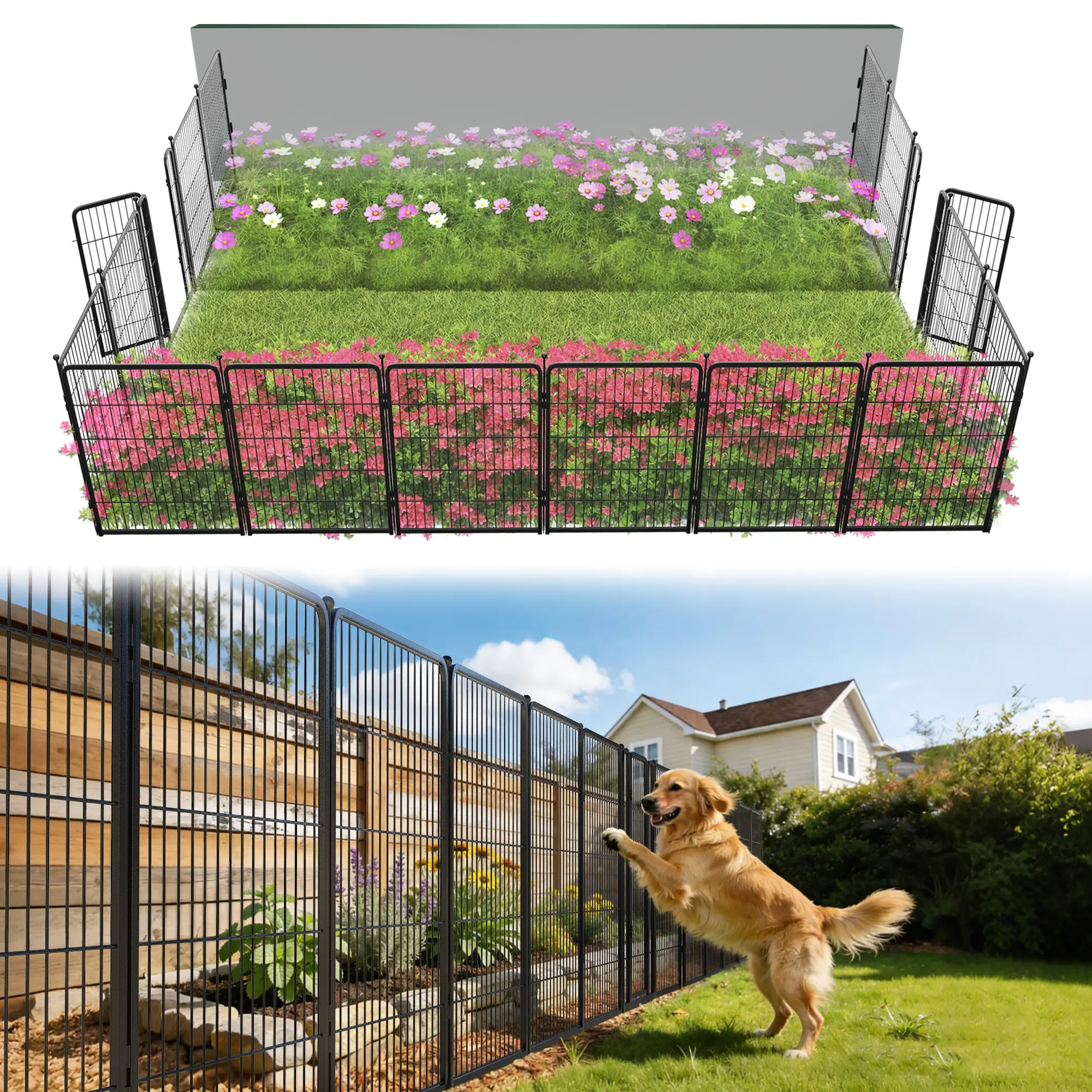 FXW Garden Fence Outdoor for the Yard, 24"/32"/40"/45"/50" Height, 3.8ft - 109.4ft Total Length, Heavy Duty Metal Animal Barrier for Dog, No Dig Decorative Dog Fence, 2/4/6/8/12/16/24/32/48 Panels, Black/White/Silver, Animal Fence
