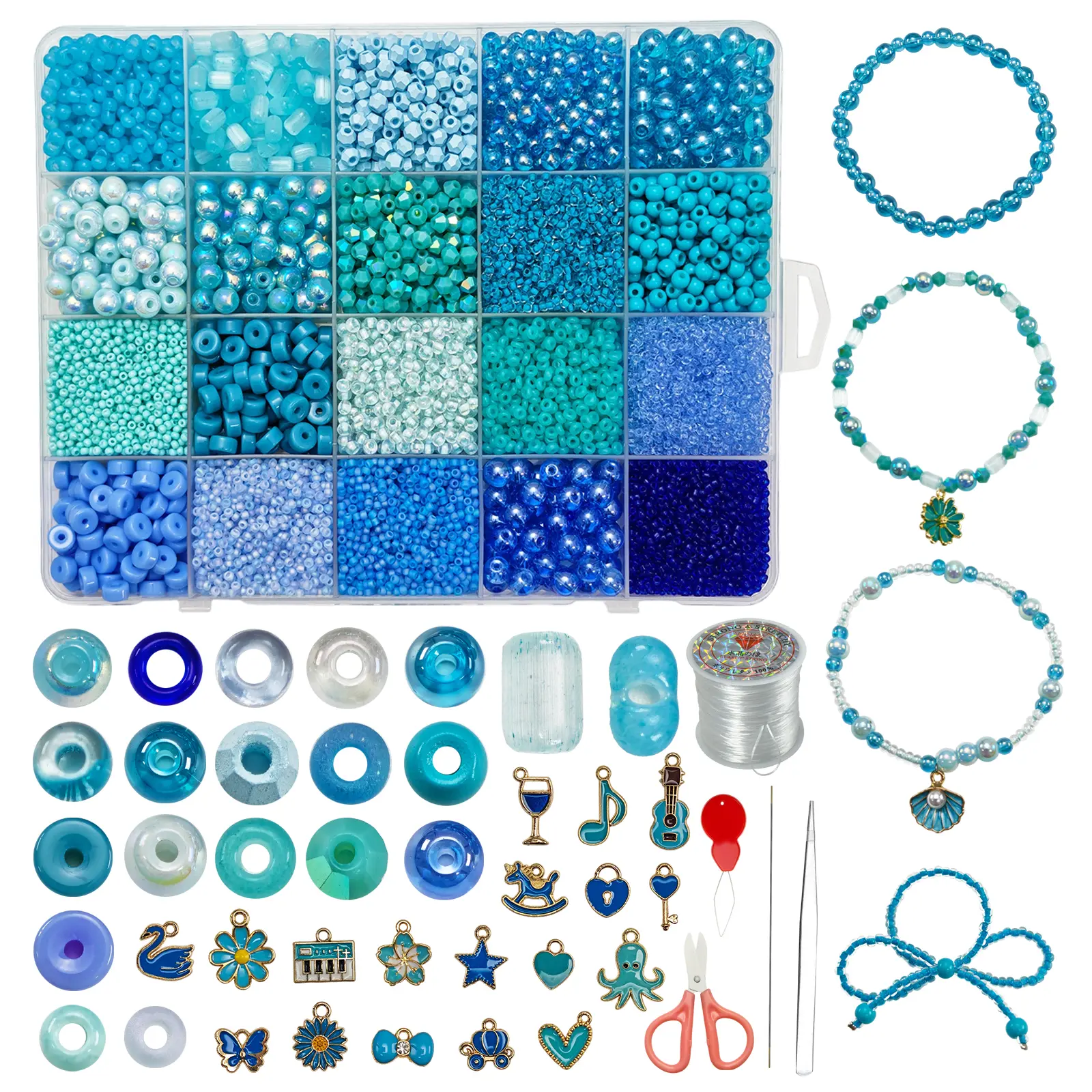 9164Pcs Multi-Shade Aquamarine Glass Bead DIY Kit - Tube/Round Beads, Ocean Enamel Charms, Stretch Thread, Scissors & Tweezers. Perfect for Summer Bracelets, Necklaces & Bag Ornaments.
