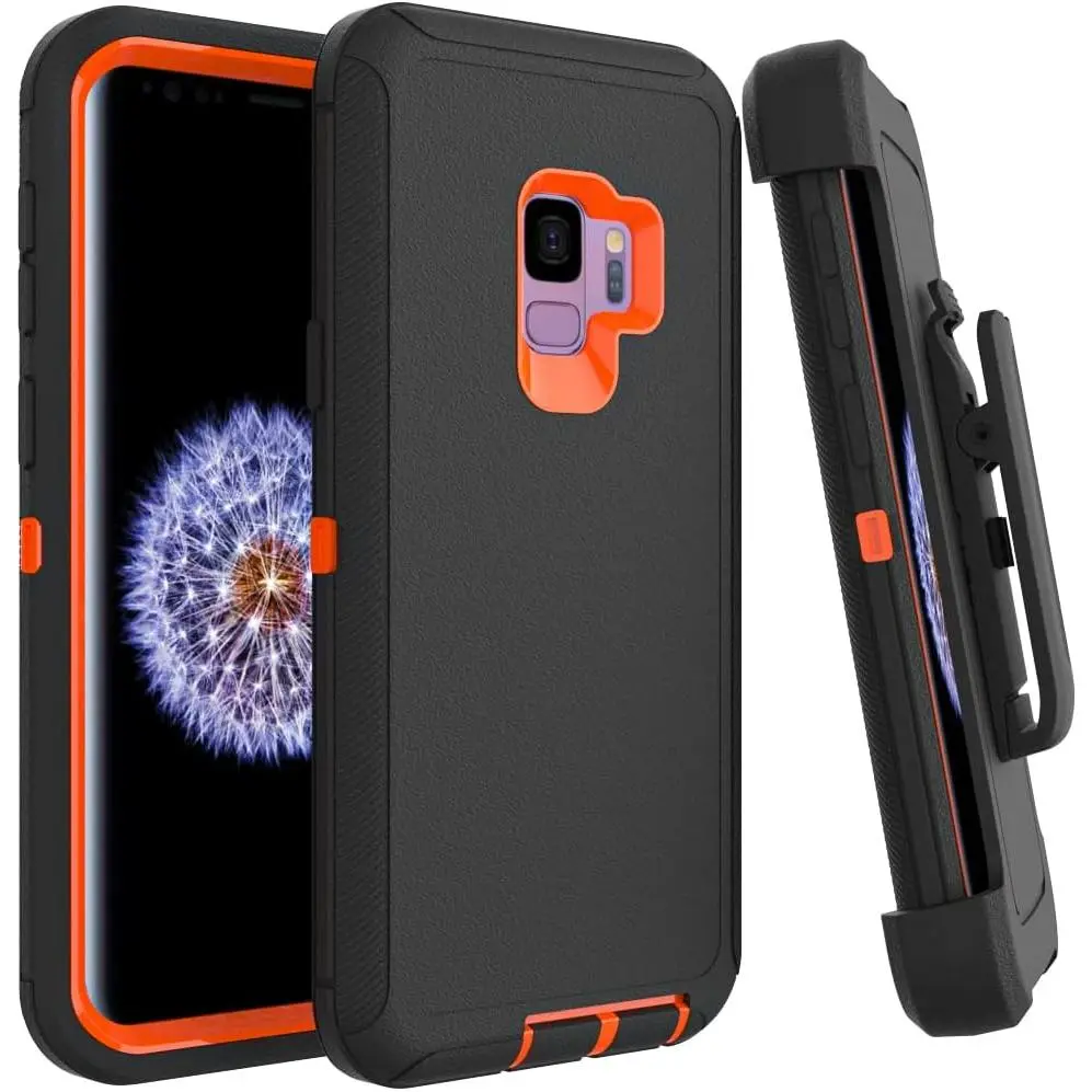Case for Galaxy S9 with Clip, Heavy-Duty Tough Rugged Shockproof Drop Protective Cover Cases for  Galaxy S9, Black+Orange