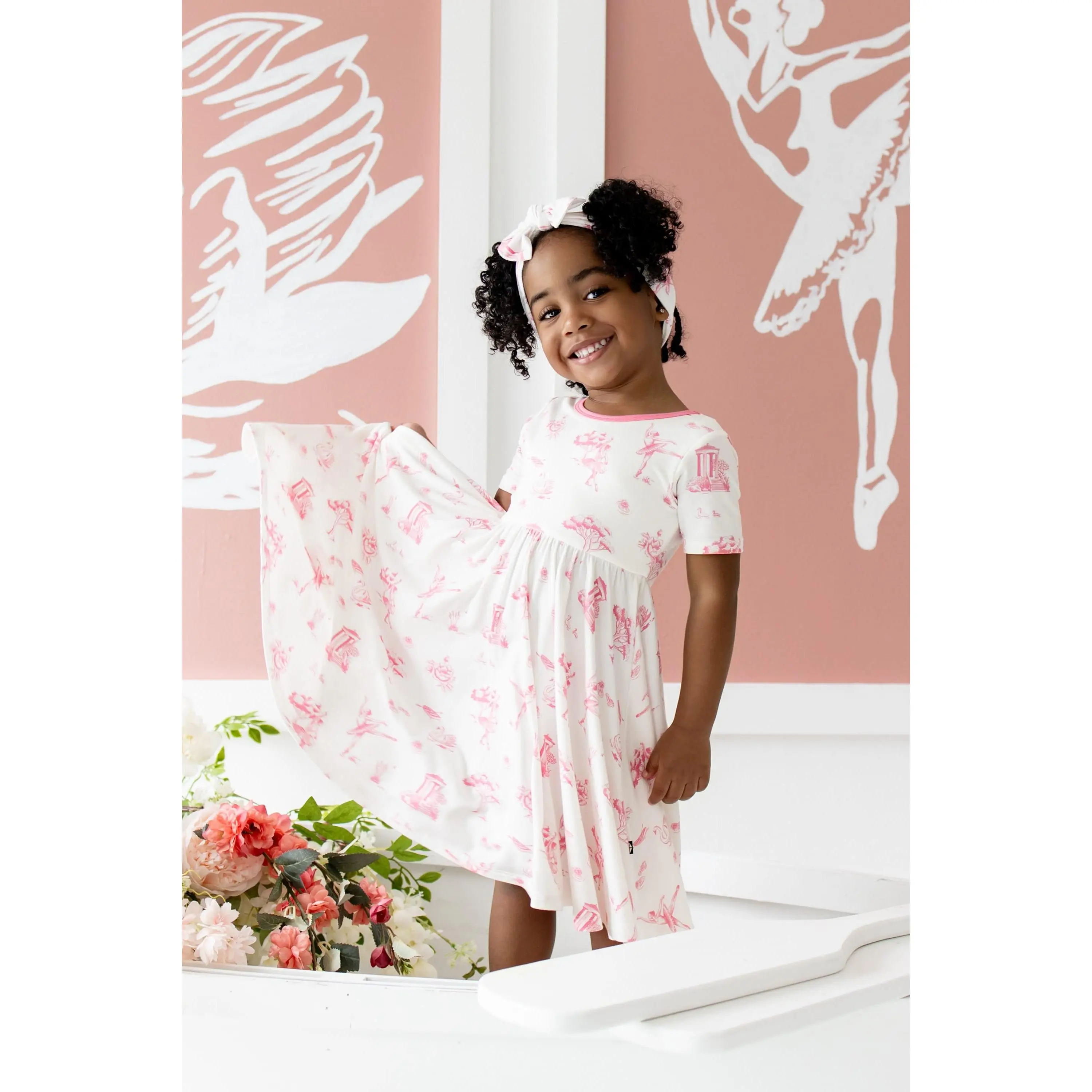 Kyte Baby Kids' Classic Twirl Dress, Toile Ballet Print, Basic Style with Flattering Drape & Ballerina Neckline