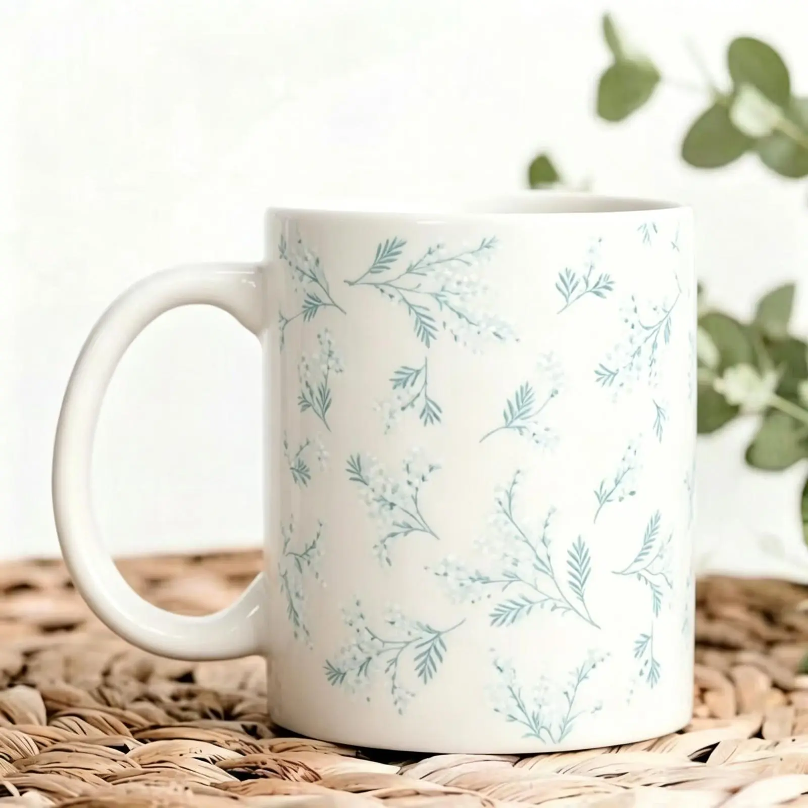 Light Blue Floral Ceramic Coffee Mug - Elegant Watercolor Flower Pattern Cup, Microwave & Dishwasher Safe, Minimalist Floral Gift for Women, Bridesmaid, Office & Home