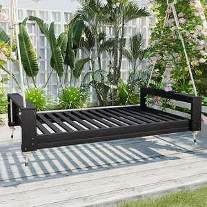 TOPMAX Twin Size Porch Swing Bed Seating Group, Patio Acacia Wood Swing Frame with Hemp Ropes for Garden, Backyard