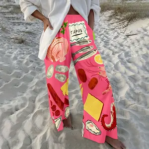 "Dopamine Pink" Spanish Tapas Print Wide-Leg Casual Pants — Perfect for Beach Vacations, Daily Leisure, Lounging at Home, or Stepping Out.