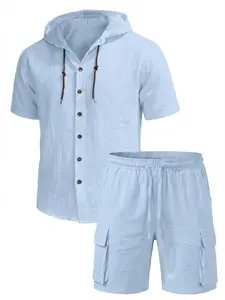 Men's cool linen casual cargo shorts set with hoodie and shortsleeves, holiday style, elastic waistband design, fashionablerelaxed vibe, suitable for sports, travel, and vacations, a greatgift for boyfriend or husband.