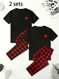 Couple Plaid Pajama Set, Heart Print, Short Sleeve Long Pants, Loose Fit, Casual Sleepwear, Breathable, Trendy Home, Clothes, Top