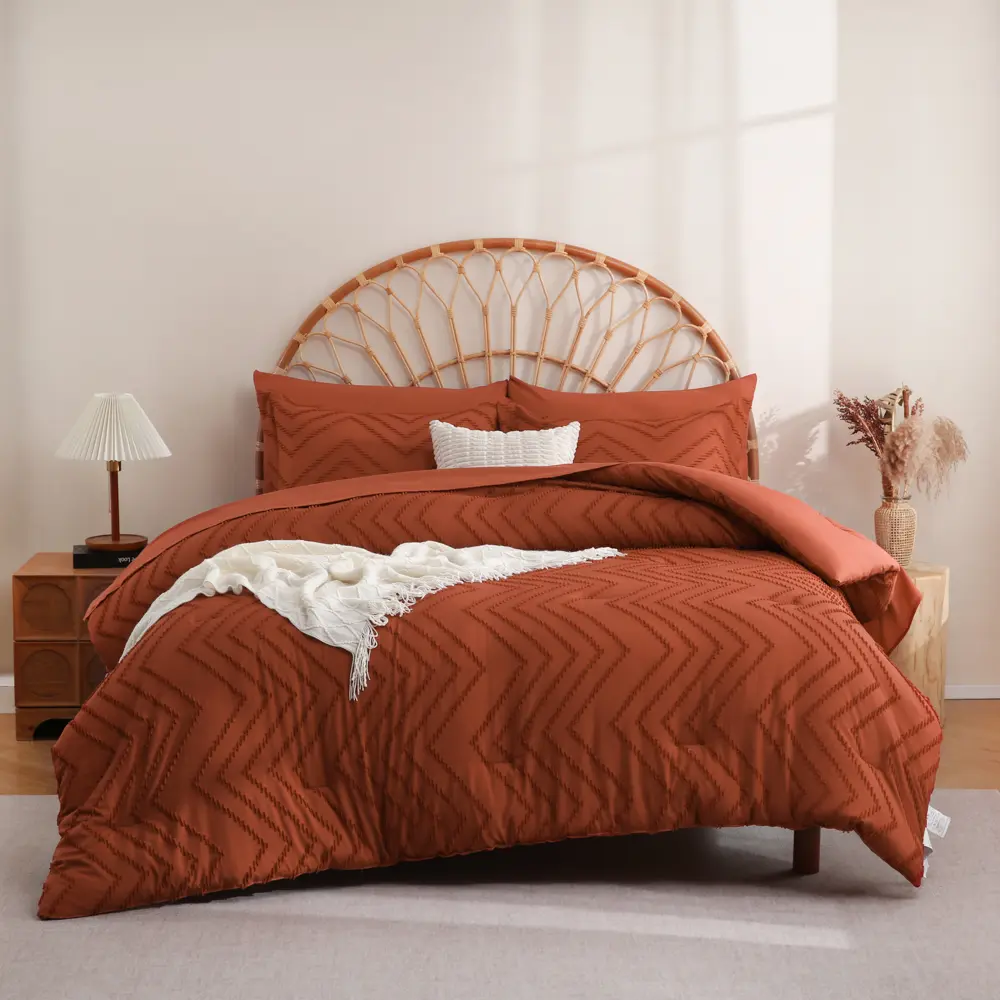 7pcs Chevron Boho Shabby Chic Farmhouse Comforter Set Bedding Set, Tufted Bed In A Bag Queen And King Size, Soft Microfiber Lightweight Bedding Set for All Season, Local Warehouse, Perfect Bedroom Decor, King Size Bed Comforter Sets
