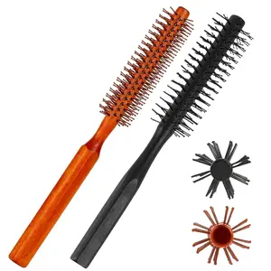 Small Wooden Roller Comb with Fluffy Hair Roots, Cylindrical Roller Comb for Salon Beauty, Inner Button Roller Comb for Bangs and Curly Hair Curling Brush, Hair Care Comb