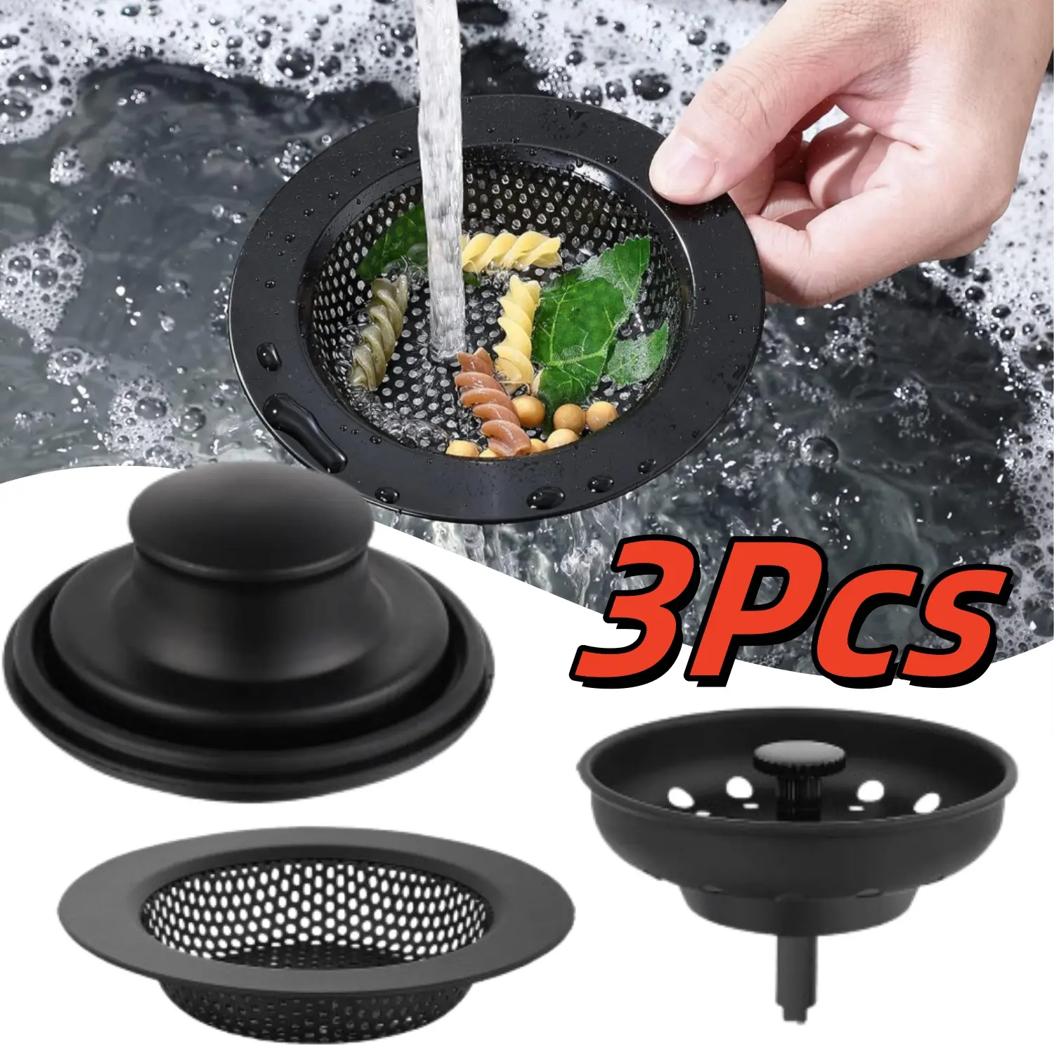 3-Pack (3-Pieces) Stainless Steel Kitchen Sink Plug Stopper, 4.5 Inch Wide Brim Anti-Clog Drain Guard Filter Basket with Spring Clip Fit, Hands-Free Strainer for Garbage Disposal, Dishwasher Safe (Black)