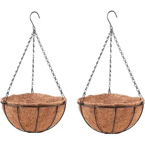 Outdoor Plant Hanging Basket Set, 2-Piece 10-Inch Coconut Lined Metal Round Flower Pot, Hanging Flower Pots, Hanging Planter, Ideal for Flowers and Vegetables