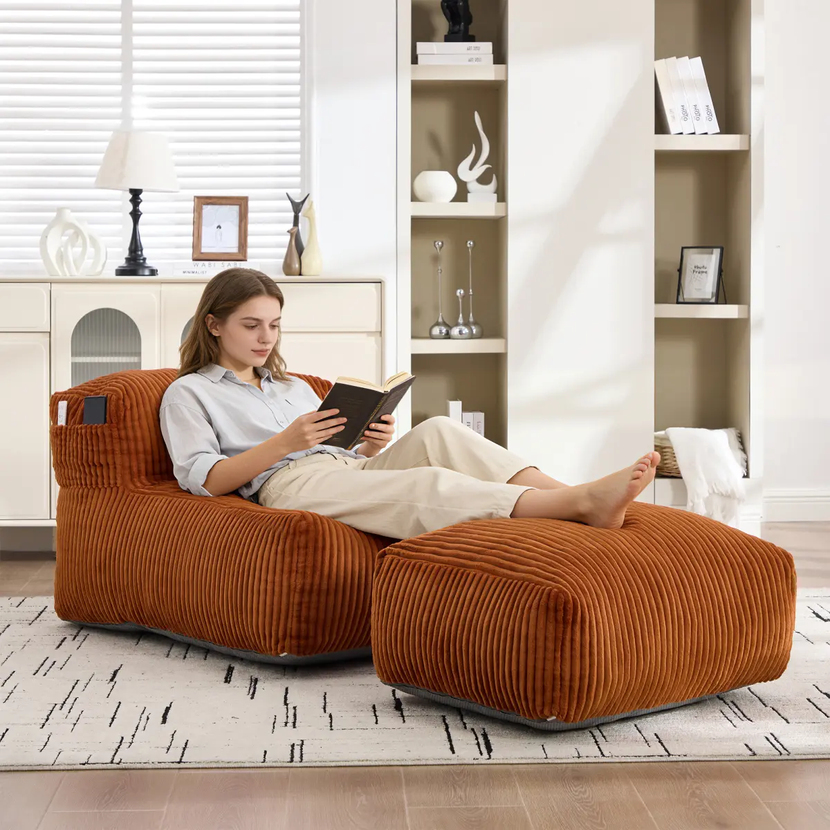 Big Bean Bag Chair for Adults,Lounger Large Bean Bag Sofa, Memory Foam Filled Beanbag Chair for Living Room, Bedroom, Balcony,Comfy Corduroy Bean Bag Chair with ottoman,Ergonomic Support & Premium Com