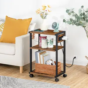 HOOBRO Industrial Printer Stand with Charging Station, 3-Tier Printer Table, Rolling Printer Cart with Adjustable Shelf and Hook, Rustic Brown & Black #SummerVibes