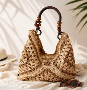 Women's Boho Woven Straw Handbag - Summer Beach Crochet Tote Bag with Wooden Bead Handle, Lightweight Gym & Outdoor Shoulder Bag for Travel, Shopping, Beach Bag