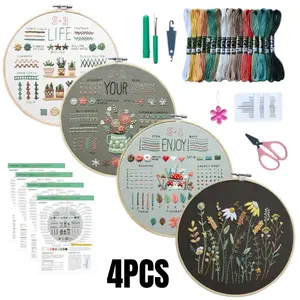 4-Pack Embroidery Kit for Adult Beginners, 33-Stitch Practice Samplers, Pre-Stamped Patterns, 7.8-Inch Hoop, Threads & Needles, Step-by-Step Guide & Video, DIY Needlework Craft Gift for Women
