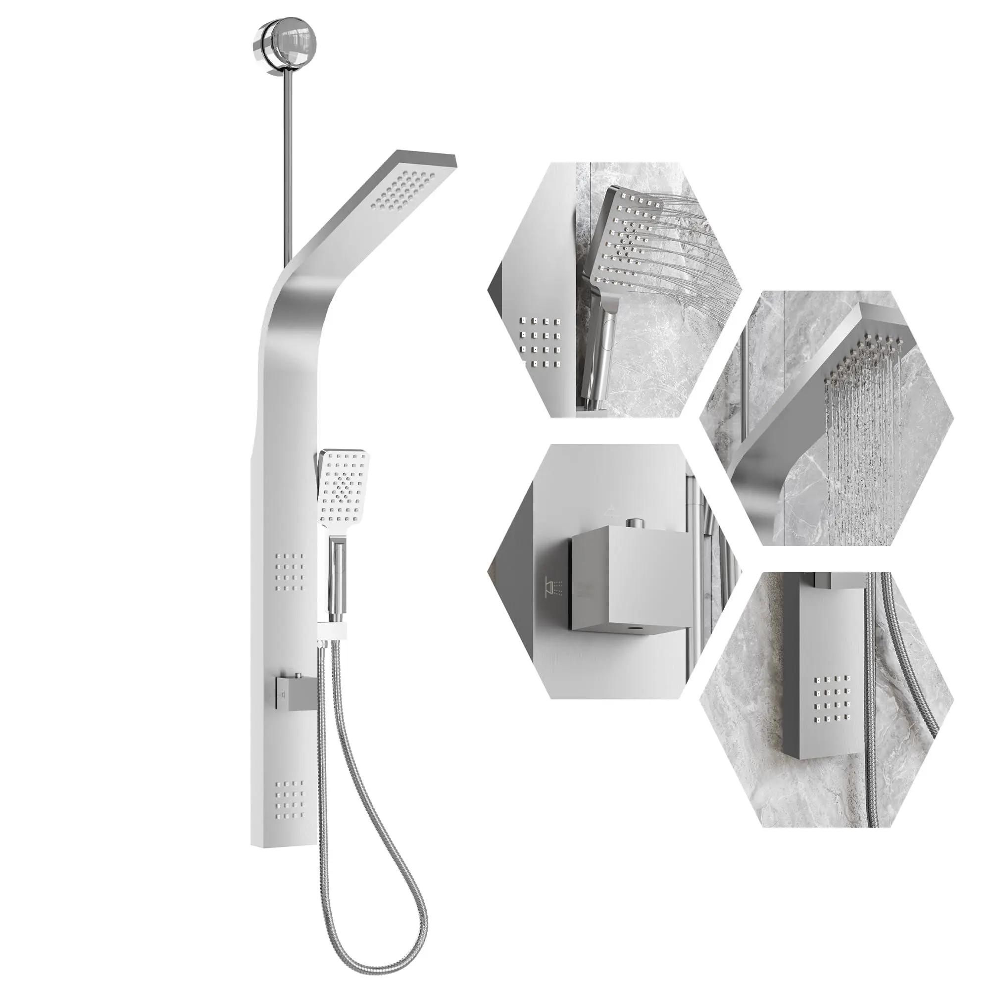 Stainless Steel Shower Panel with Rain Shower & Waterfall – 2 Massage Jets – 3-Function Square Hand Shower – Tub Spout – Surface Mount – 9634 + Square three-function hand shower, brushed