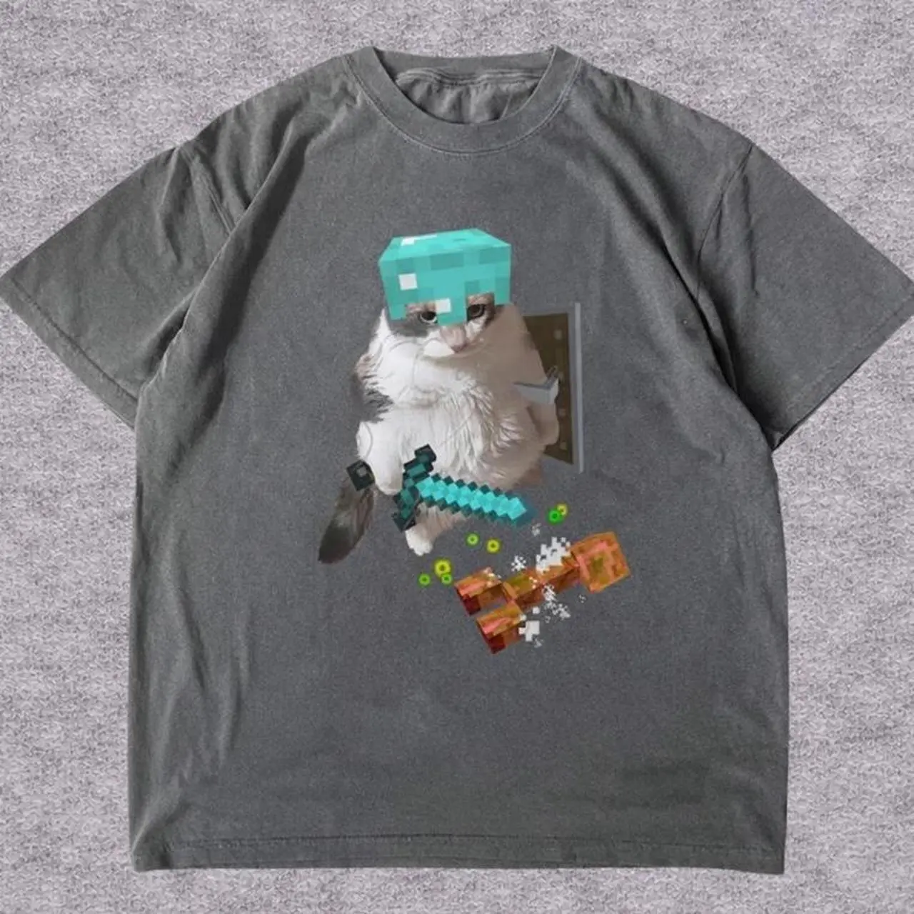 Grey Pixel Cat Gaming Graphic T-Shirt, Cute Block Style Animal Tee, Retro Gaming Inspired Cotton Shirt, Unisex Casual Streetwear Tee, Soft Everyday Gamer Top