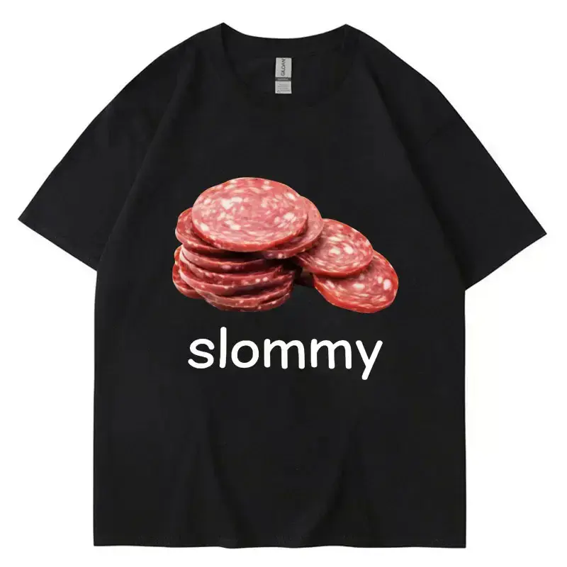 Men's Oversized T-Shirt with "Slommy Salami" Funny Meme Letter Print, Casual O-Neck Polyester Streetwear Top for Summer, Fabric, Menswear, Funny Meme Art