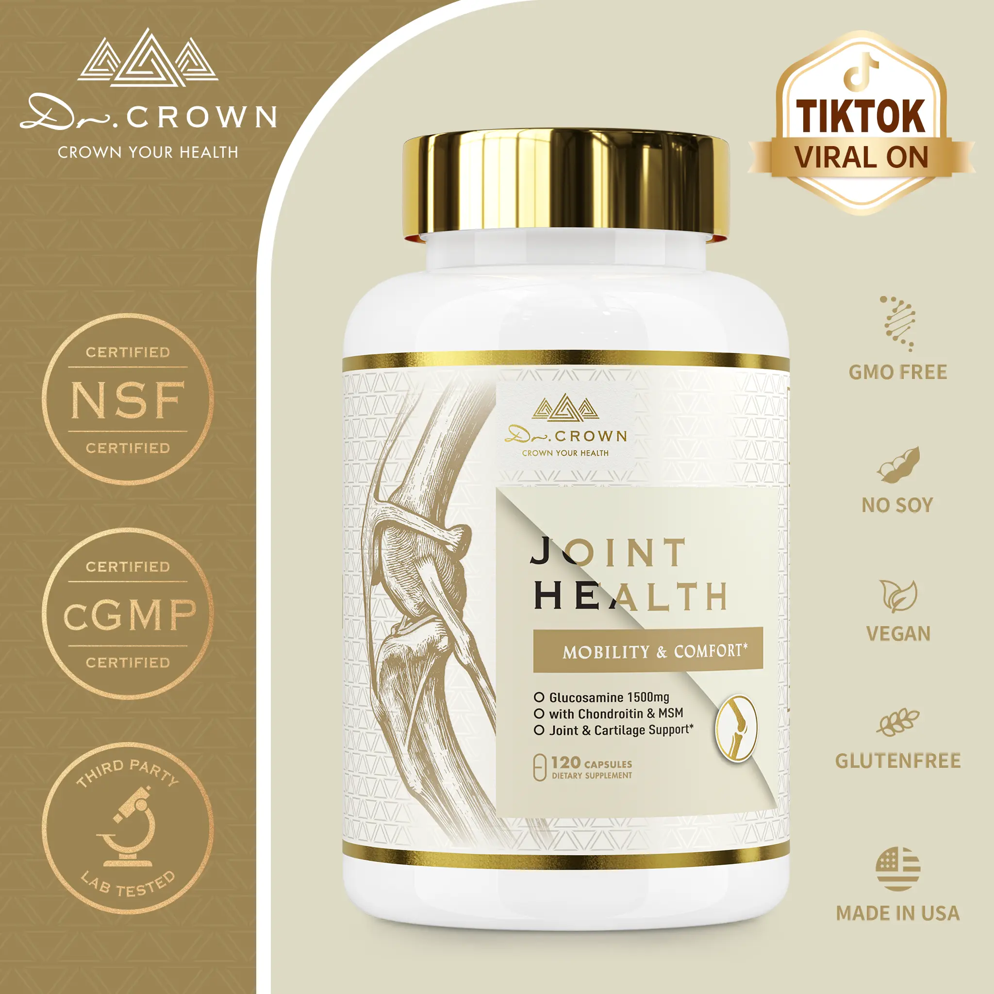 Dr. CROWN Joint Health Supplement for Women & Men with Glucosamine, Chondroitin, MSM & Turmeric - 120 Capsules