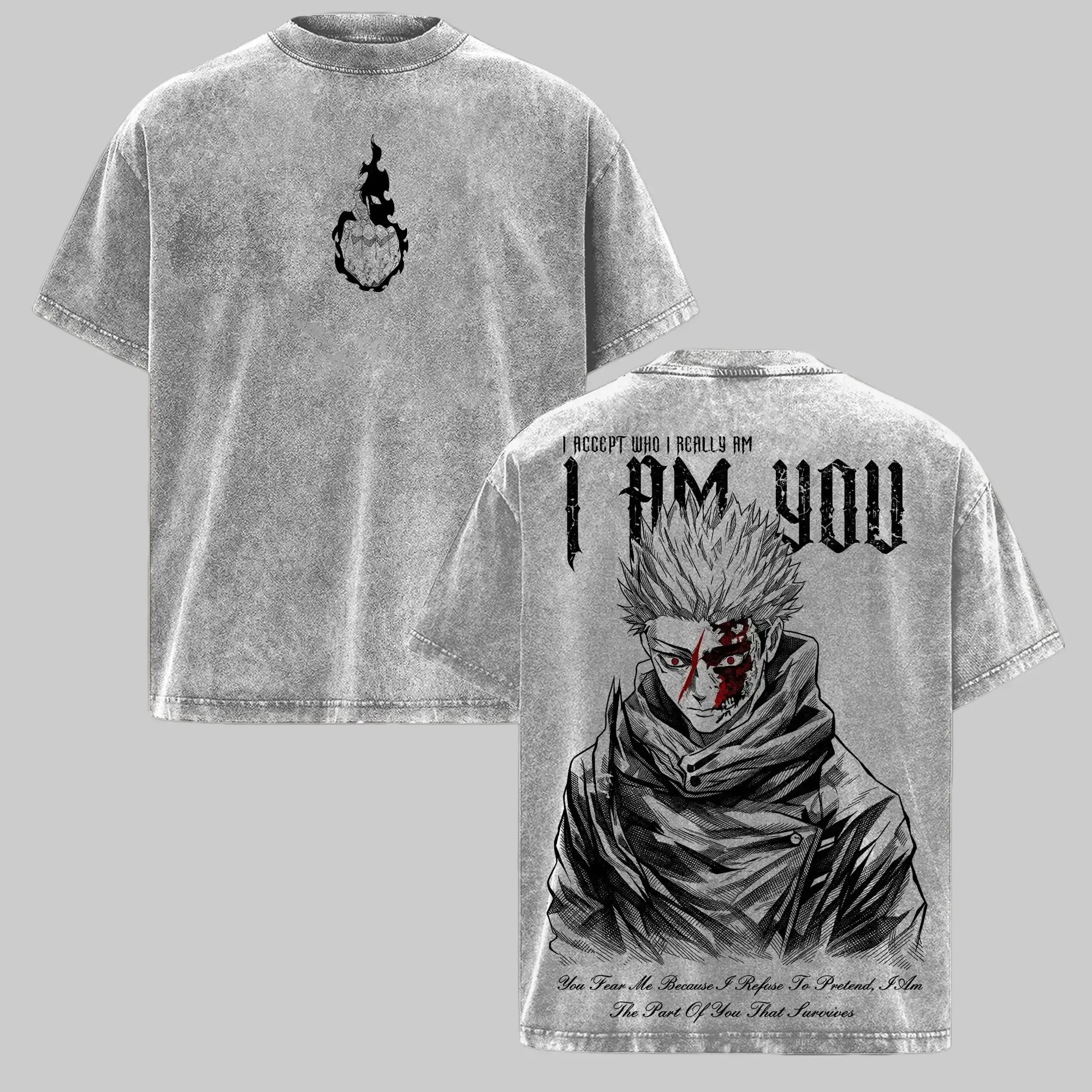 Yuji Itadori – JJK Oversize Anime Graphic Tee, Acid Washed Heavy Cotton Shirt, Vintage Manga Streetwear, Unisex Casual Wear, Anime Merch, Gift for Anime Fans Grey Oversized