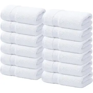Luxury 100% Cotton Wash Cloths for Showering - Pack of 12 Soft Absorbent Face Towels for Bathroom, Gym, Spa - Brilliant White