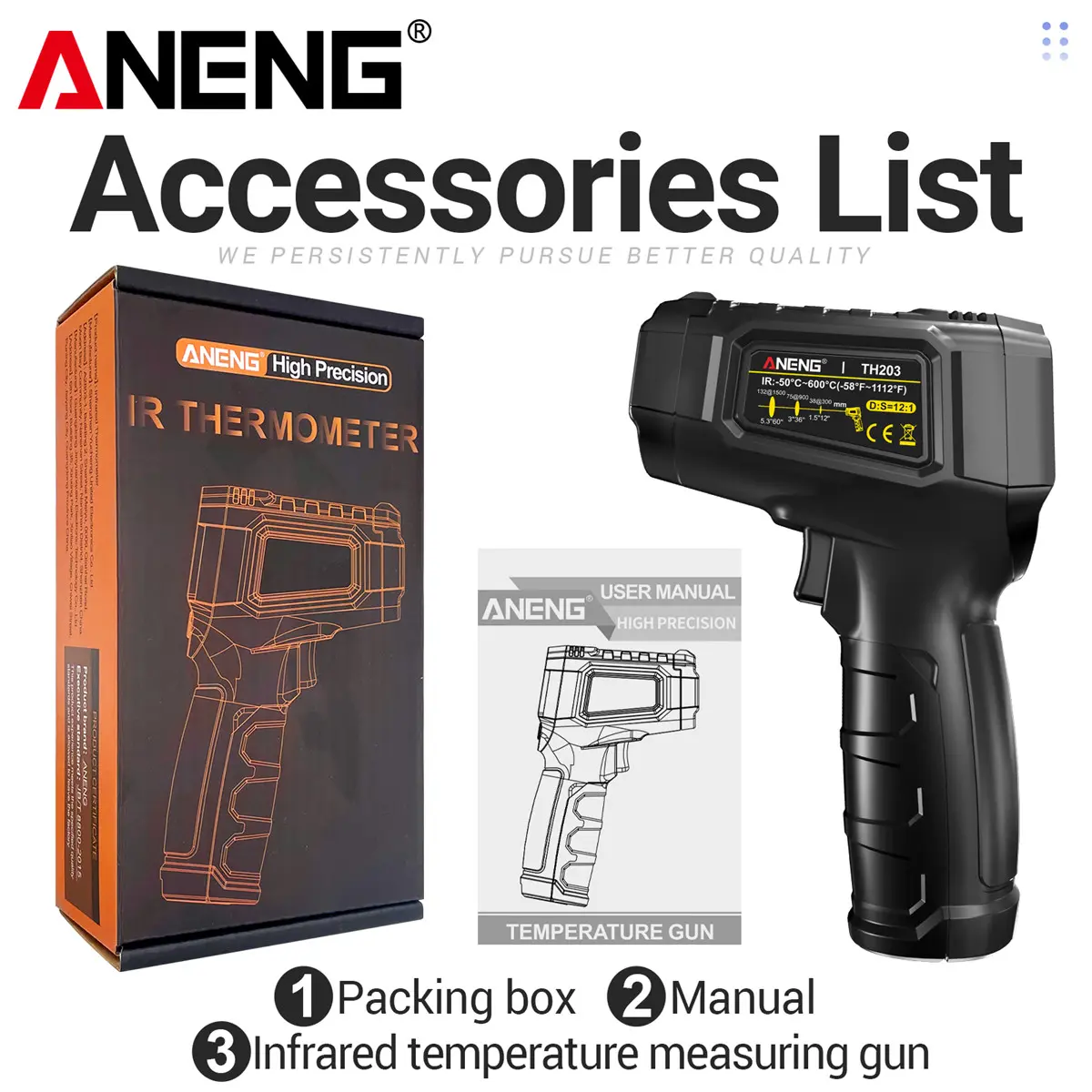 ANENG TH203 Non-Contact Digital Infrared Temperature Thermometer Gun - Adjustable Emissivity, Maximum Value Display, -50°C to 750°C Range - Indoor-Outdoor Measuring Tool for Kitchen, Industrial Use