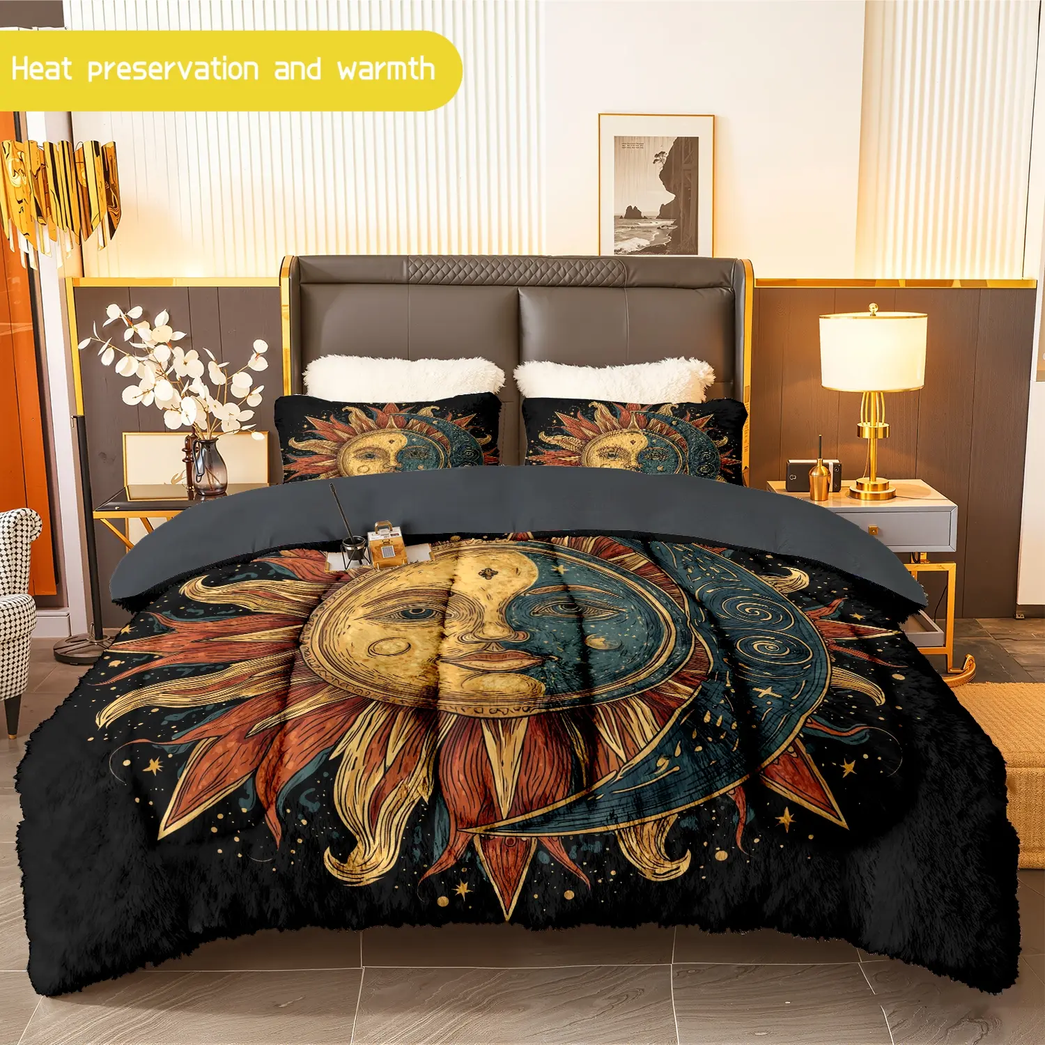 3pcs (1 comforter + 2 pillowcases) Sun - Moon Flannel and Milk Velvet Comforter Set, Ultra - Soft Warm Bedding Set for Adults, Cozy Plush Quilt Set, Hot Bedding Essentials